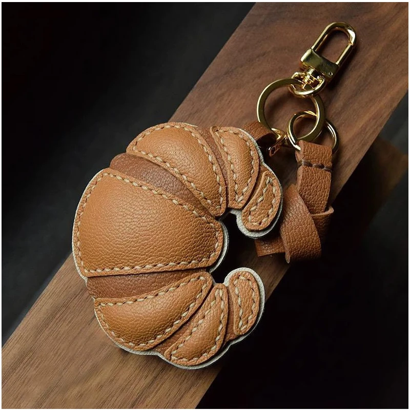 Handmade Leather Croissant Bag Charm KeyChain