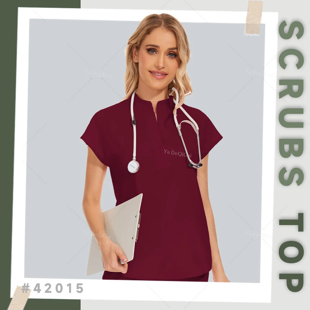 Dames Uniformen Korte Mouw Opstaande Kraag Blouse Zakken Werkkleding Schoonheidssalon Medische Scrub Tops Verpleegkundige Accessoires