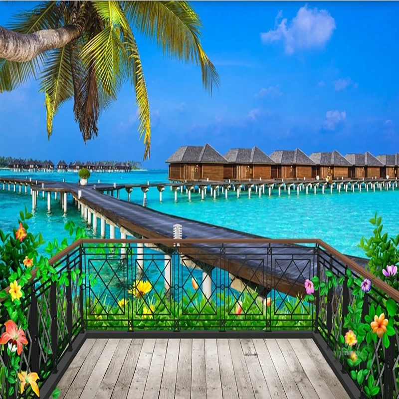 Custom Photo Wallpaper Balcony Wooden Sea View 3D Mural Living Room Sofa TV Restaurant Cafe Background Wall Home Decor 3D Fresco