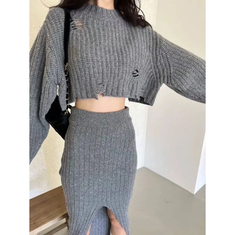Autumn ripped knitted sweater skirt set