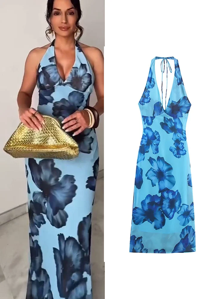 TFMLN Frauen Halter Kleid Neue Sommer Sexy Backless Floral Print V-ausschnitt Kleider Streetwear Fashion Halter Lace-up Kleid Kleidung