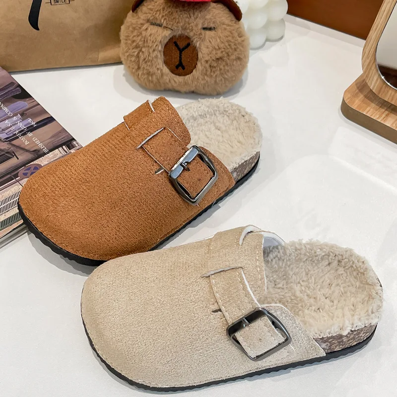 2025 Boys Girls Winter Warm Plush Cork Footbed Fur Clogs Slippers Lady Furry House Flats Cotton Slippers