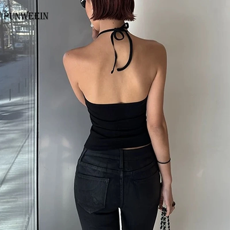 Summer Black Sexy Backless Tight-Fitting Halter Top For Women Short And Fitted Retro Harajuku Streetwear Hot Girl Vest Crop tops