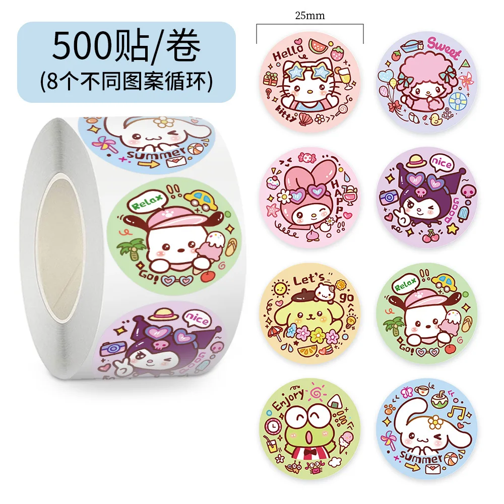 

500pcs/Roll Sanrio Melody Kitty Kuromi Cinnamoroll Sealing Sticker DIY PVC Laptop Decals Decoration Stiker Reward Gift Toys