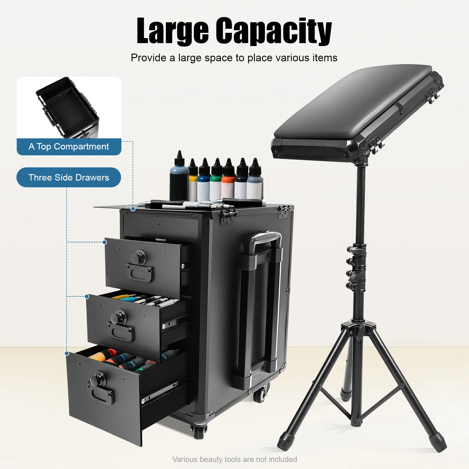 Rolling Case W/ 3 Drawers & Portable Table 44.09lbs Load Capacity Freestanding Workstation Adjustable Height Easy Transport