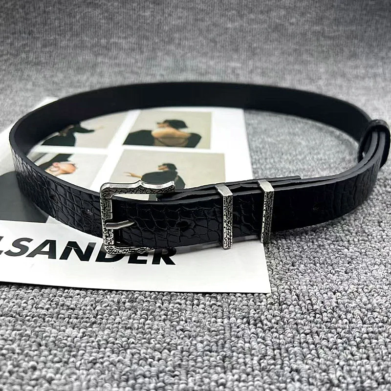 1 women's black punk YSK 2.8 cm antique silver carved buckle leather belt, casual multifunctional vintage stylish design waist b