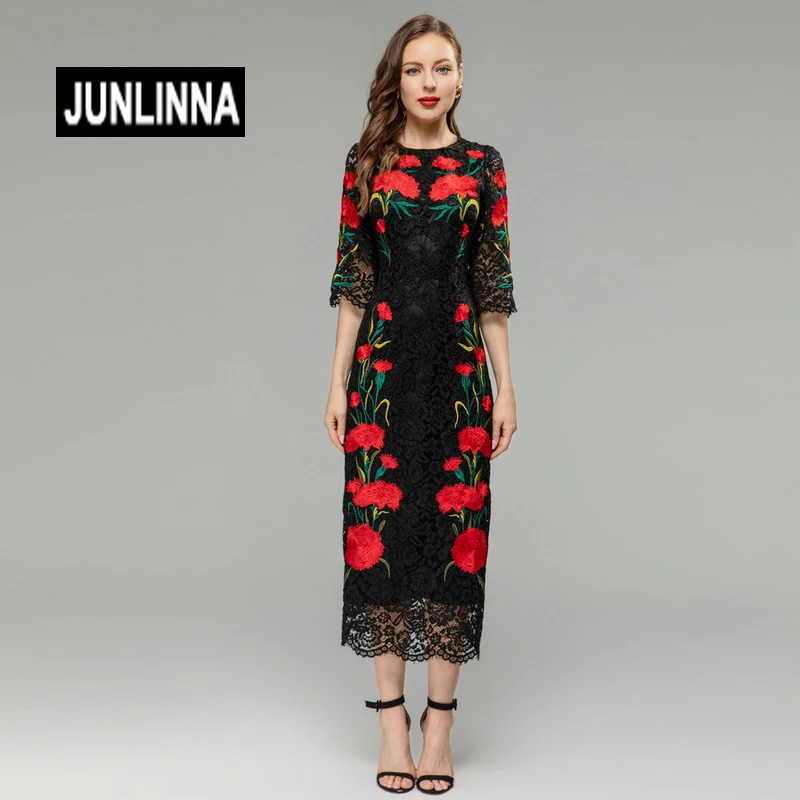 

JUNLINNA Party Evening Dress Spring Summer Women Crew Neck Half Sleeve Flower Embroidery Vestidos Elegant Lace Sliming