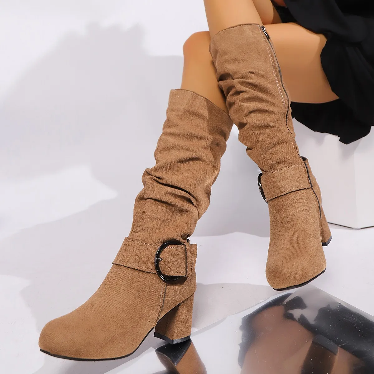 Women's Boots 2026 New Autumn Winter Fashion Casual Pointy High Heel Middle Tube and Calf Buckle Pleated Boots Joker Dress.