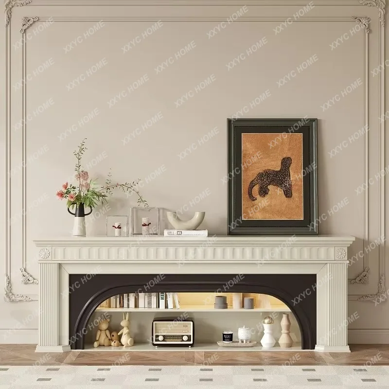 cream style fireplace decorative cabinet living room light luxury background wall retro simulation fire TV cabinet so