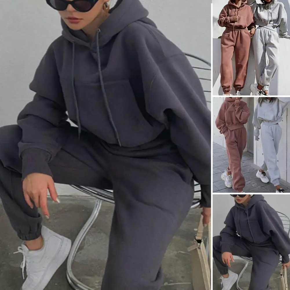 Women 2 Piece Running Sets Fall Spring Solid Sportswear Long Sleeve Cropped Hoodies+Jogger Pants Plus Size Female Tracksuits