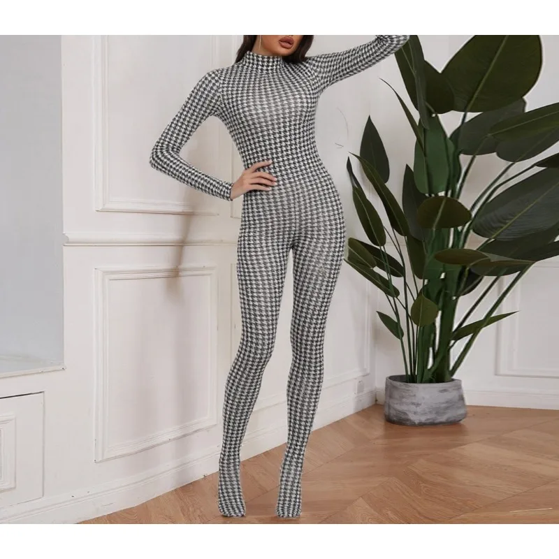 

ZEMOREXMZ сексуальный комбинезон для ног женский змеиный принт осенний тренд с круглым вырезом и длинными рукавами стрейч обтягивающая уличная клубная одежда тонкие комбинезоны на молнии