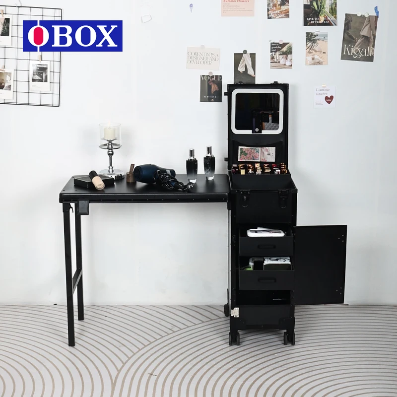 OBox OEM/ODM Hot Sale Multiple Layers Aluminum Frame Manicure Nail Table With Mirror For Manicurists