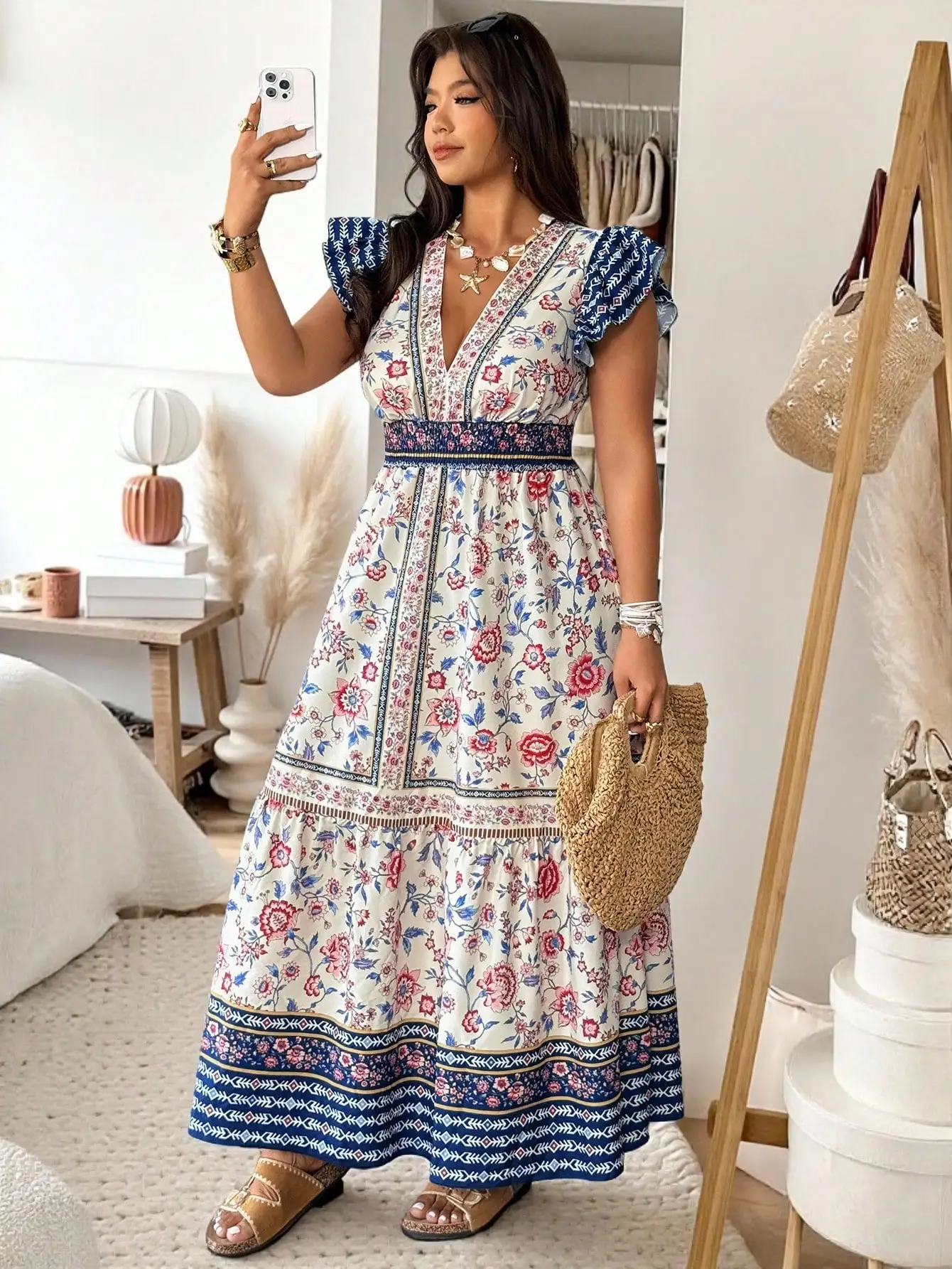 

Bohemian Floral Maxi Dress With V-Neck Puff Sleeve Waist Cinched Summer Vacation Dress
