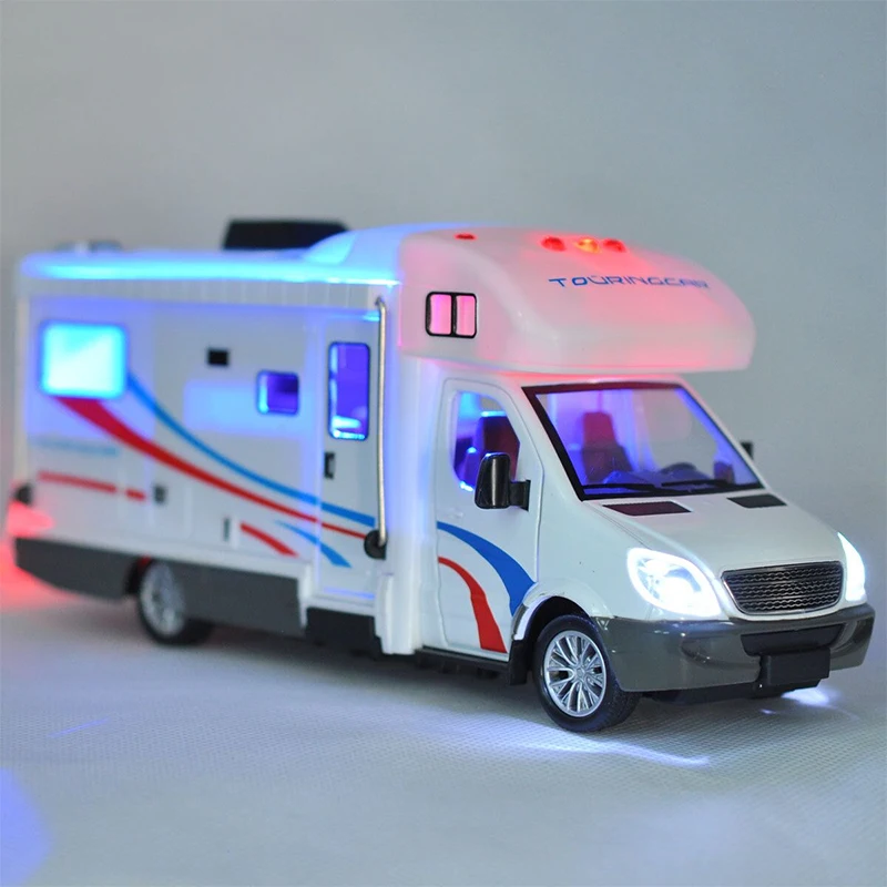 1:28 Diecast Luxus RV Freizeit Fahrzeug Auto Modell Metall Camper Van Wohnmobil Touring Auto Modell Sound und Licht Kinder Spielzeug geschenk