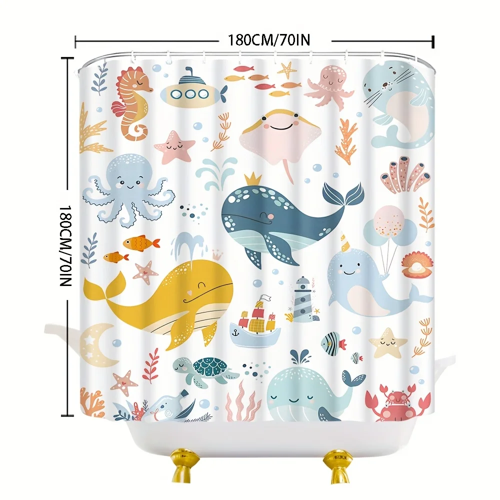 Cartoon Whale Sea Creature Shower Curtain, White Base Octopus Turtle Coral Print Waterproof Bath Curtain for Kids Bathroom Decor