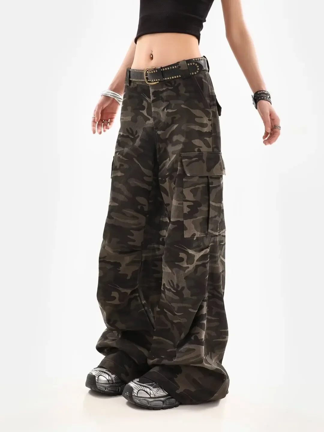 IMU American Retro High Street Casual Overalls Camouflage Loose Wide Leg Pants For Women Y2k Hip-hop Cargo Grunge Baggy Trousers