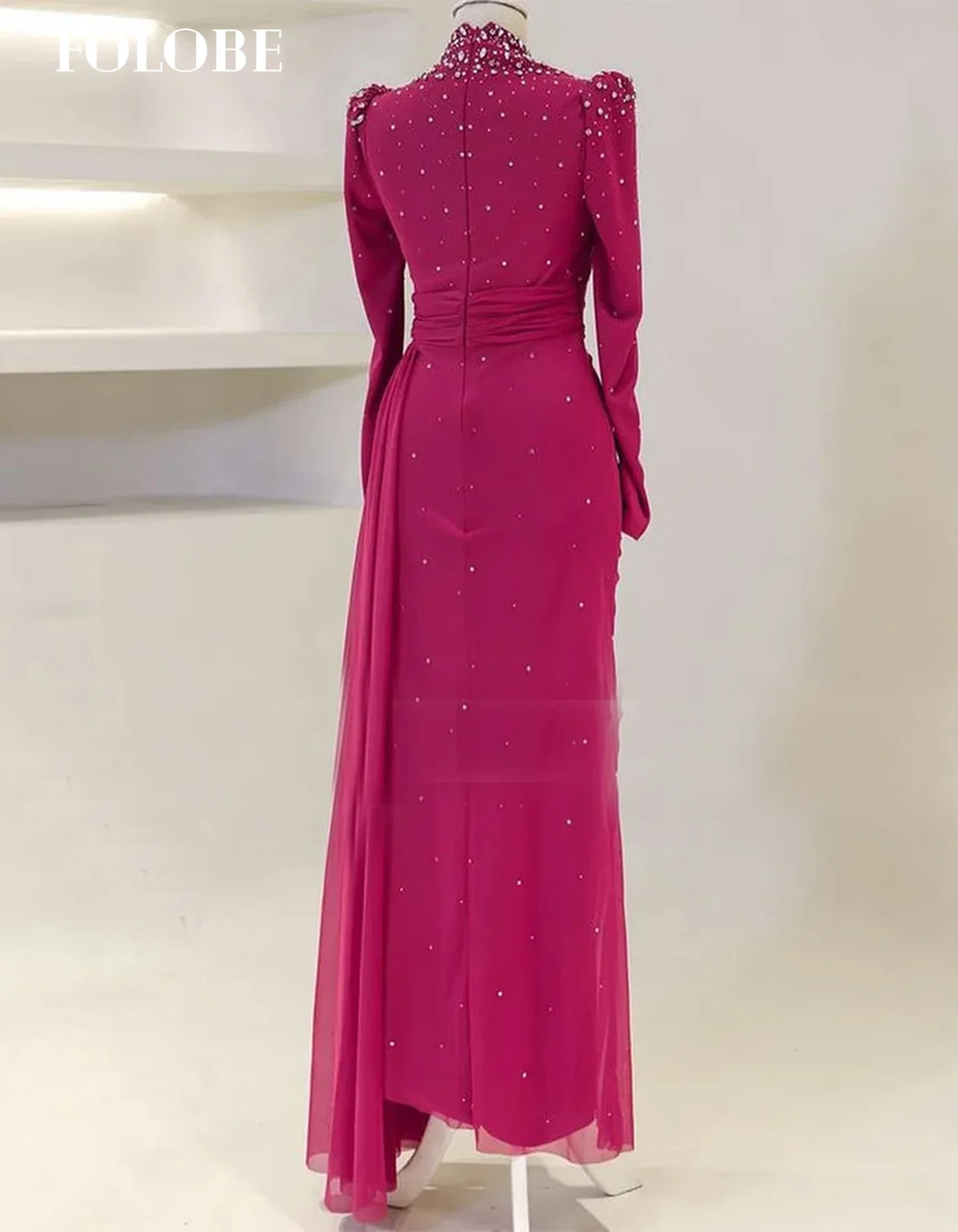 فستان سهرة من FOLOBE فوشيا بكريستال وأكمام طويلة ورقبة عالية فساتين سهرة متواضعة للنساء فستان زفاف مخصص