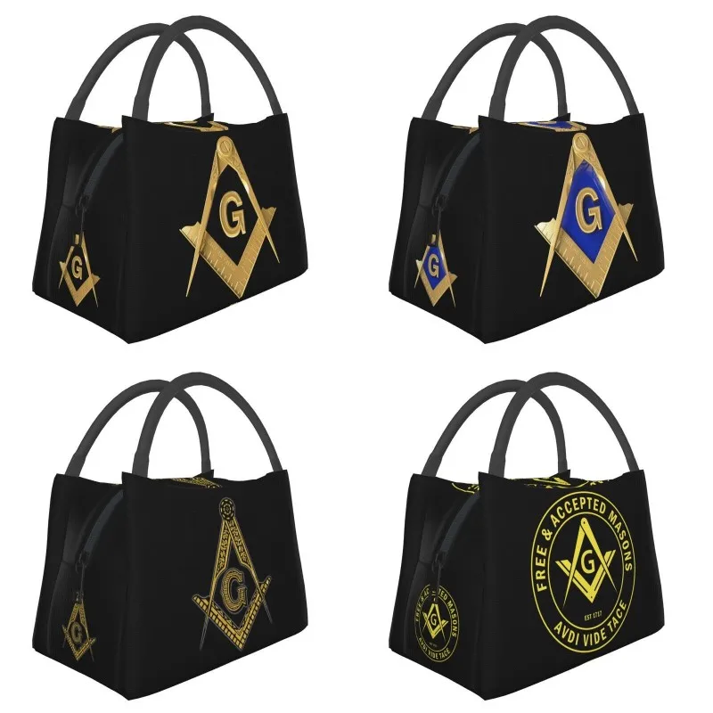 Gold Freemason Logo Portable Lunch Boxes for Masonic Mason Cooler Thermal Food Insulated Lunch Bag Office Work Pinic Container