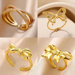 Fashion Bow Stainless Steel Rings for Women Gold Color Open Adjustable Wedding Ring Banquet Party Jewelry Anniversary Gifts