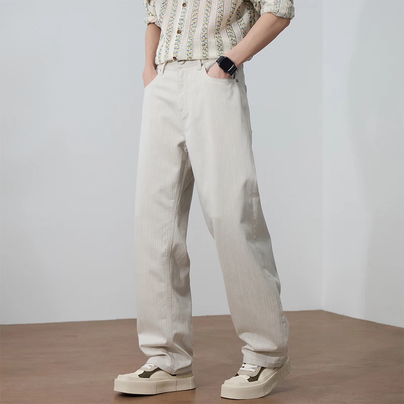 Spring Lyocell Jeans Men Clean Fit Loose Straight Apricot Jeans Vertical Stripe Texture Casual Denim Pants Japanese Style