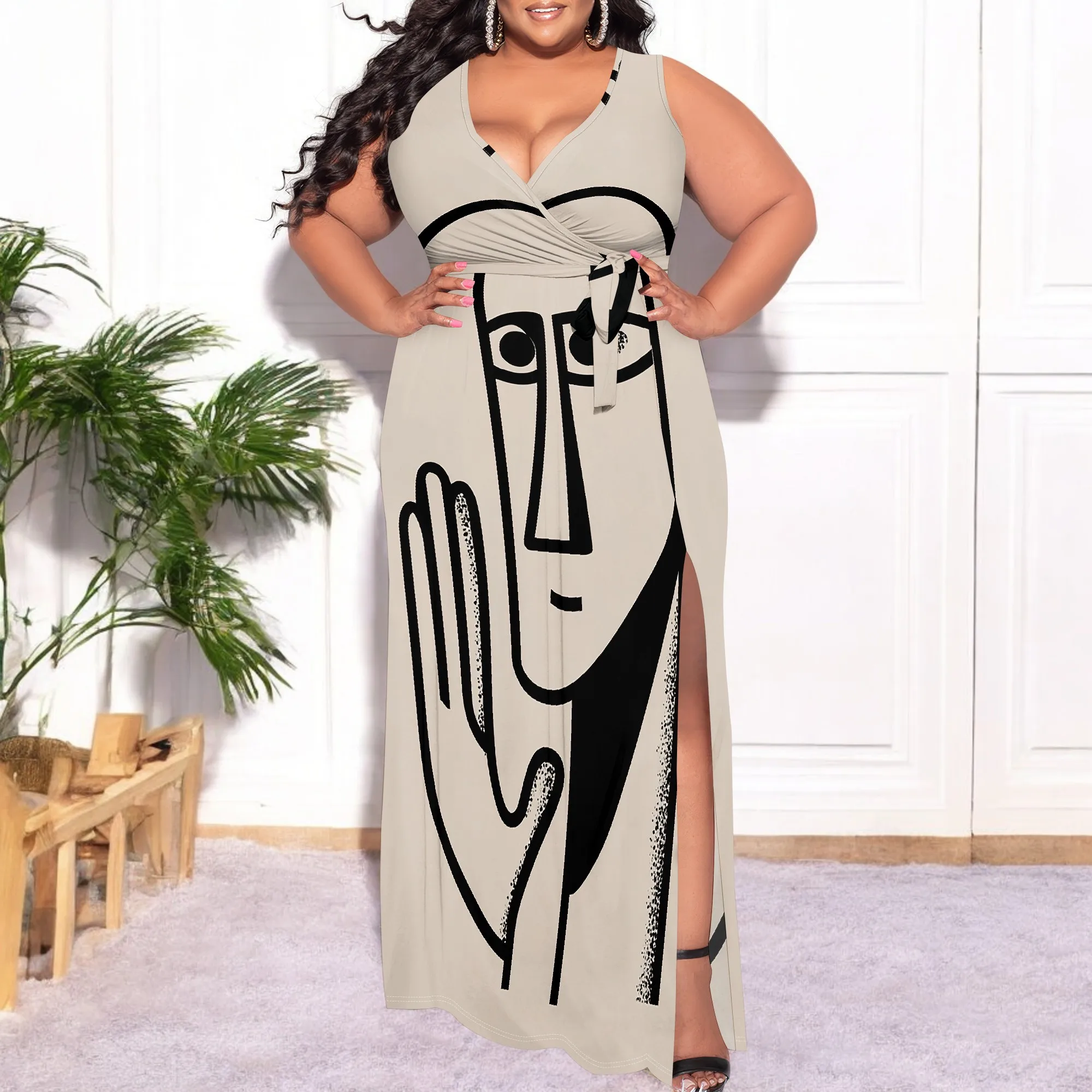 

Plus Size Abstract Face Print V-Neck Maxi Dress for Women Elegant Slit Sleeveless Gown XL-6XL