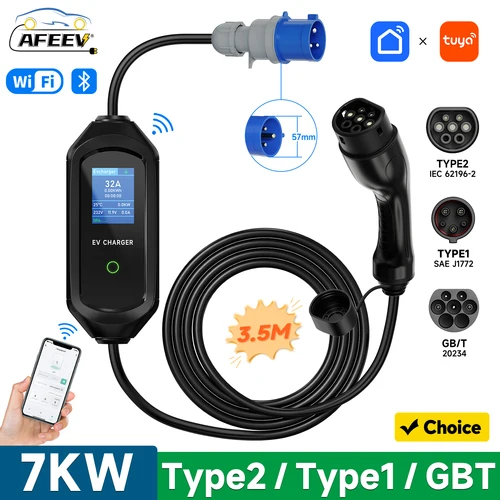 AFEEV-cargador portátil EV de 7kW tipo 2/Type1/GBT, cargador de coche eléctrico 32A, Cable de carga rápida monofásico, aplicación WiFi, Control por Bluetooth