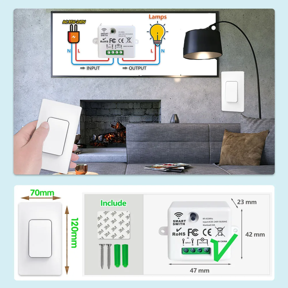 433mhz Rf Wireless Self-Powered Switch Push Button Kinetic Switch No Battery Need AC 220V 10A Interruptor for Home Appliance LED