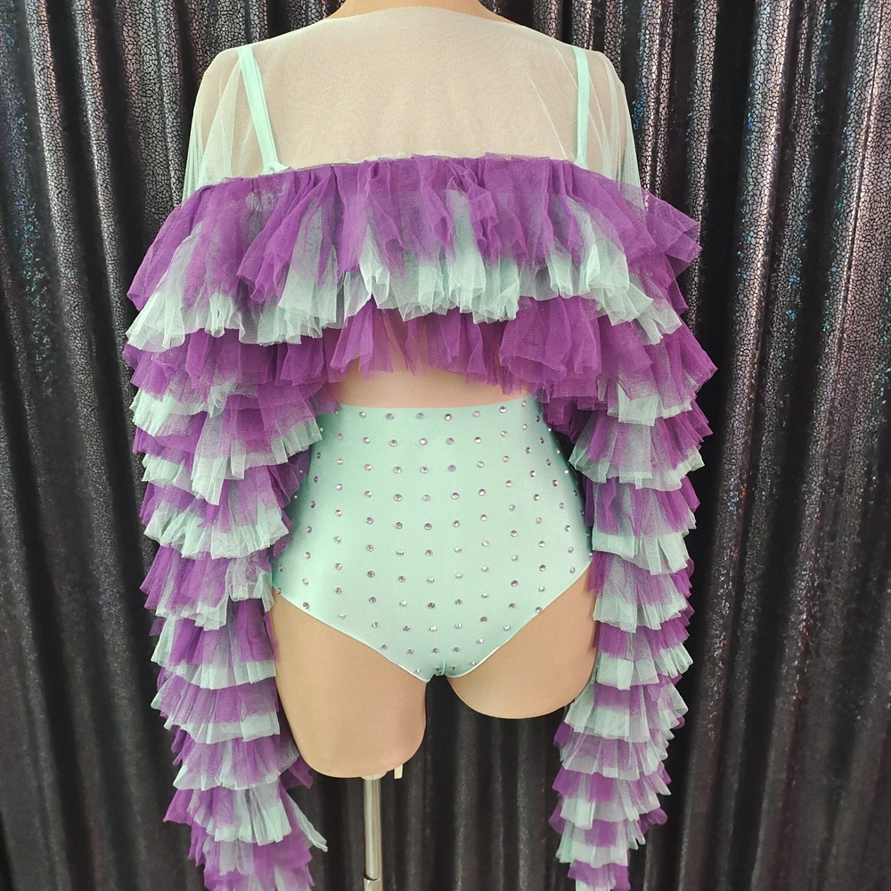 New Mesh Ruffle Cloak Rhinestones Leotard Two Pieces Set Women Performance Dance Costume Nightclub Outfit Singer Show Stage Wear