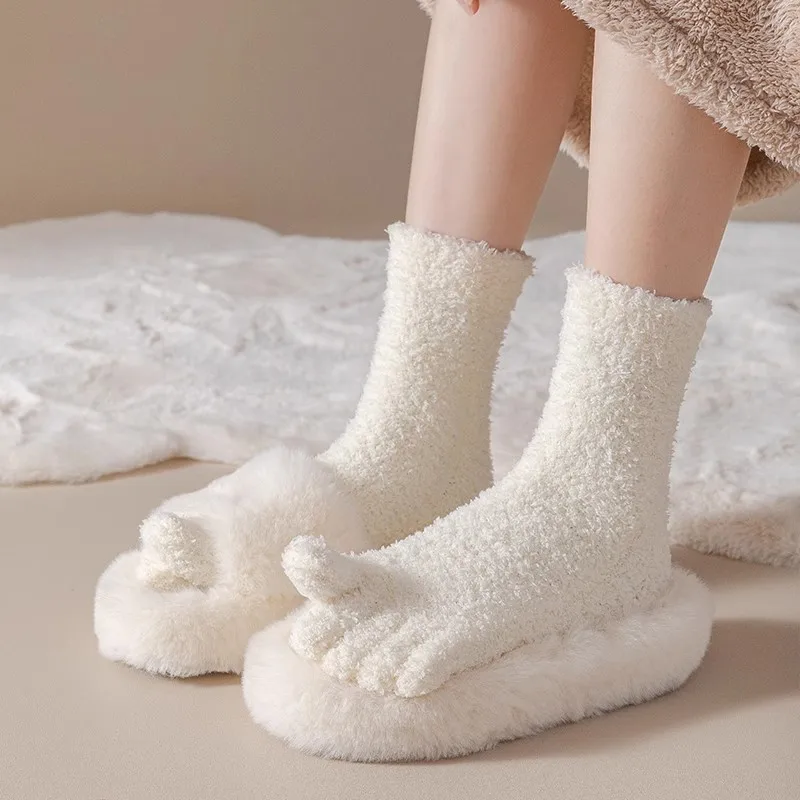 Winter Thick Five Toe Short Socks Coral Velvet Thermal Keep Warm Floor Sleep At Home Soft Elastic 5 Finger Terry Socks Stocking