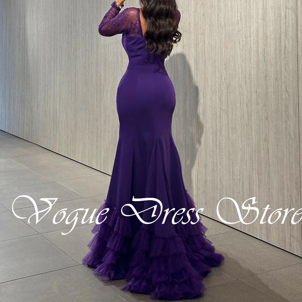 Vestido de noche de manga larga de encaje de sirena personalizado, tul escalonado morado, cuello cuadrado, cremallera en la espalda, tren de barrido, vestidos de fiesta