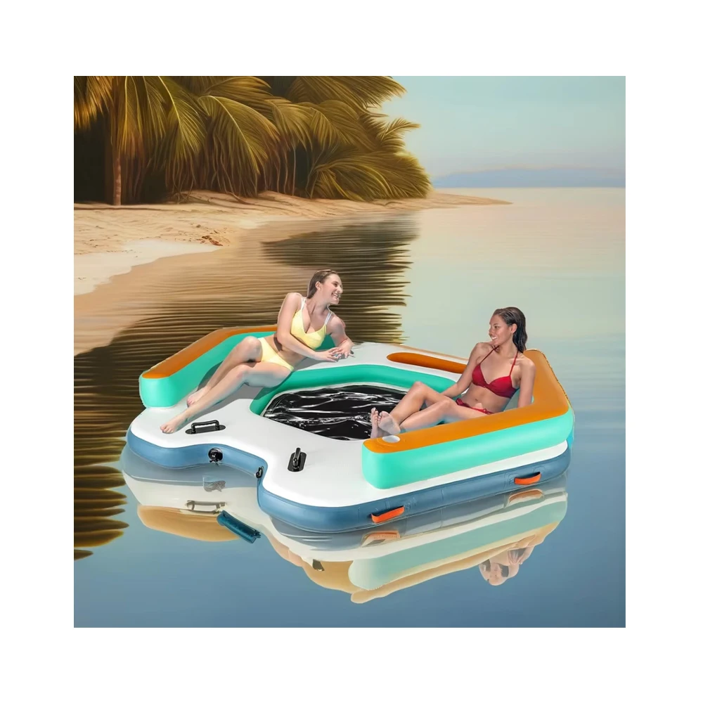 Plataforma de muelle flotante inflable con escalera desmontable y salón de natación de malla, bolsa de transporte conveniente para uso en la playa en el lago o en la piscina