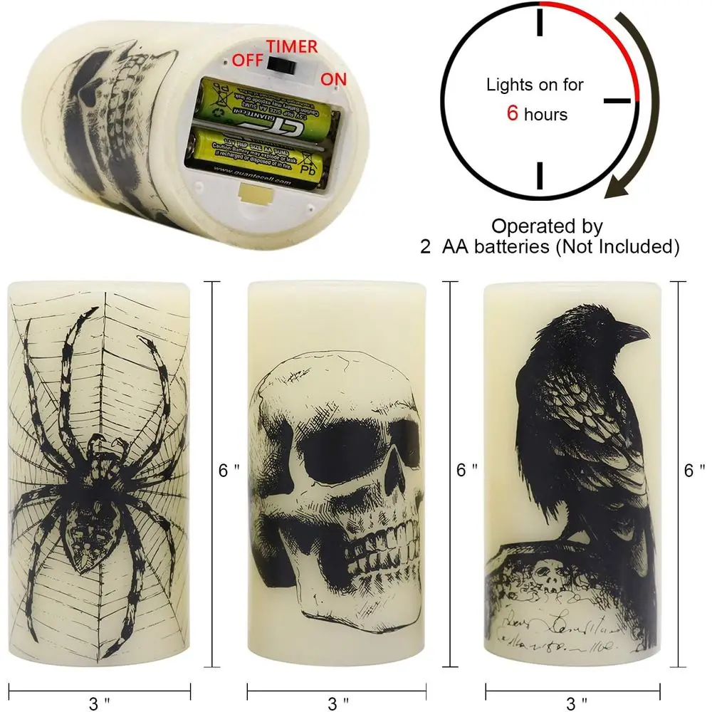 Halloween LED lamellickering Candles Battery Operated with 6H Timer Web Crow Raven Spooky Decals Themed Indoor Decoration (3 Pac