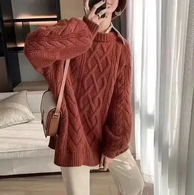 Women Winter O-Neck Sweater Chunky Braided Cable Knitted Pullover Top 2024 Lady Long Sleeve Solid Color Casual Loose Jumper Top