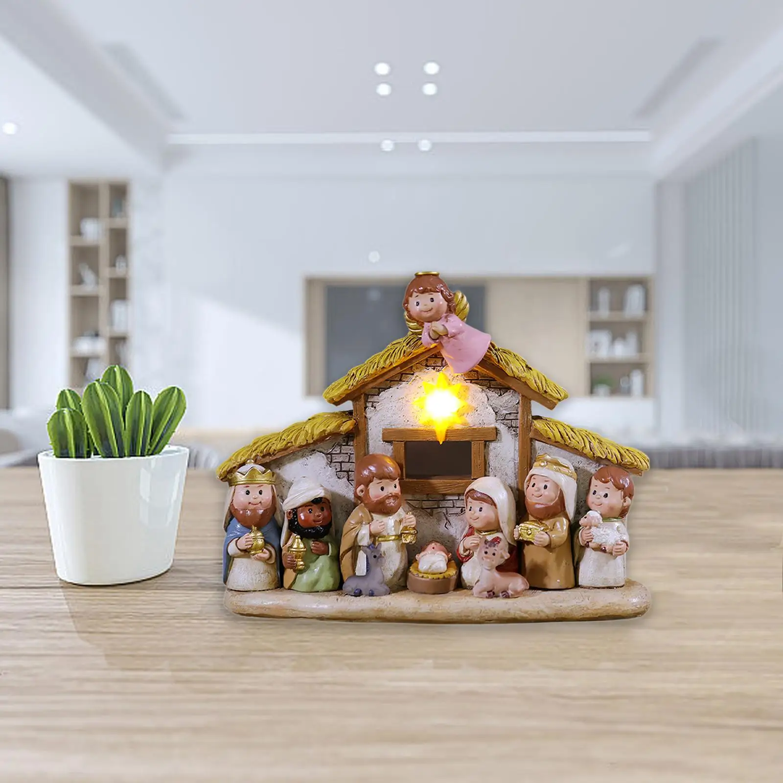 Christmas Nativity Scene Set Decoration with Light Cartoon Miniature Traditional Handmade Birth of Jesus Statue 20x7.7x16cm