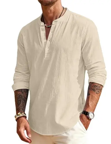 Men's Linen Shirt Henley Long Sleeve Solid Color Casual Tops Breathable Loose Office Daily Shirts Beach Holiday Shirts for Men