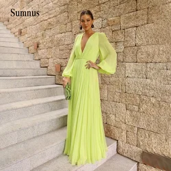 Bright Green Chiffon Evening Dresses Deep V Neck Long Sleeve Prom Dress Floor Length Pleats Formal Evening Gown Plus Size