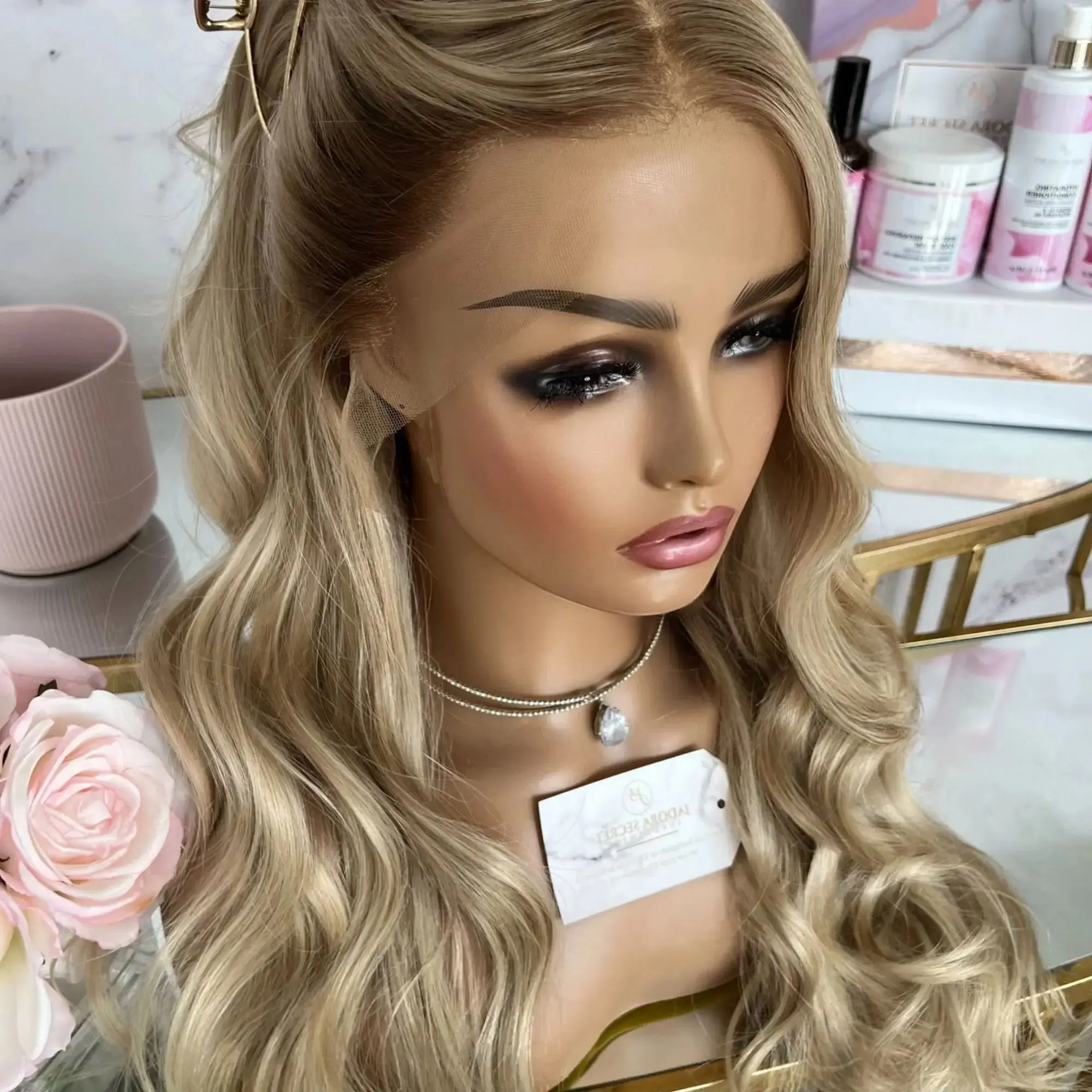 

Luxury Glueless HD lace front Wig Dark Ash Blonde Balayage Synthetic Fiber Glueless Wig Easy To Wear Loose Wave Hair for Women