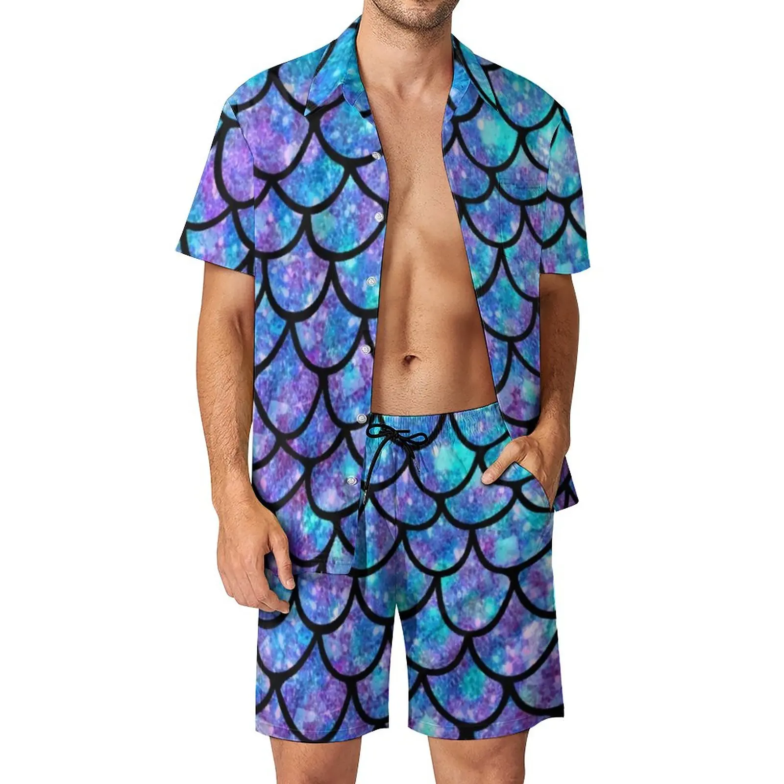 

Mermaid Scales Men Hawaiian Shirt Sets Purple Blue Splash Abstract Casual Shorts Vintage Beach Shirt Short-Sleeved Graphic Suit
