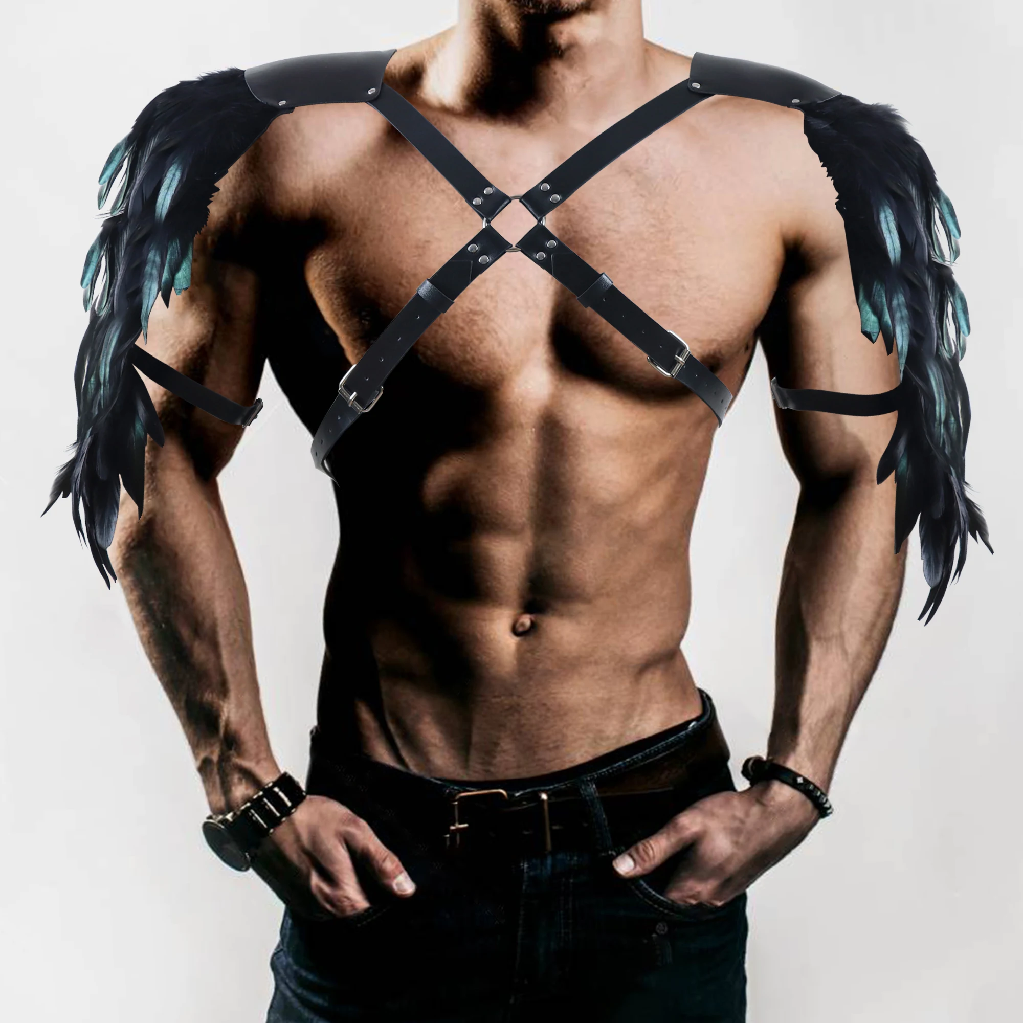 Sexy Men Body Harness Leather Gay Chest Harness Feather Shoulder Armor Restraint Arm Underwear Punk Belt Clothing Accessories