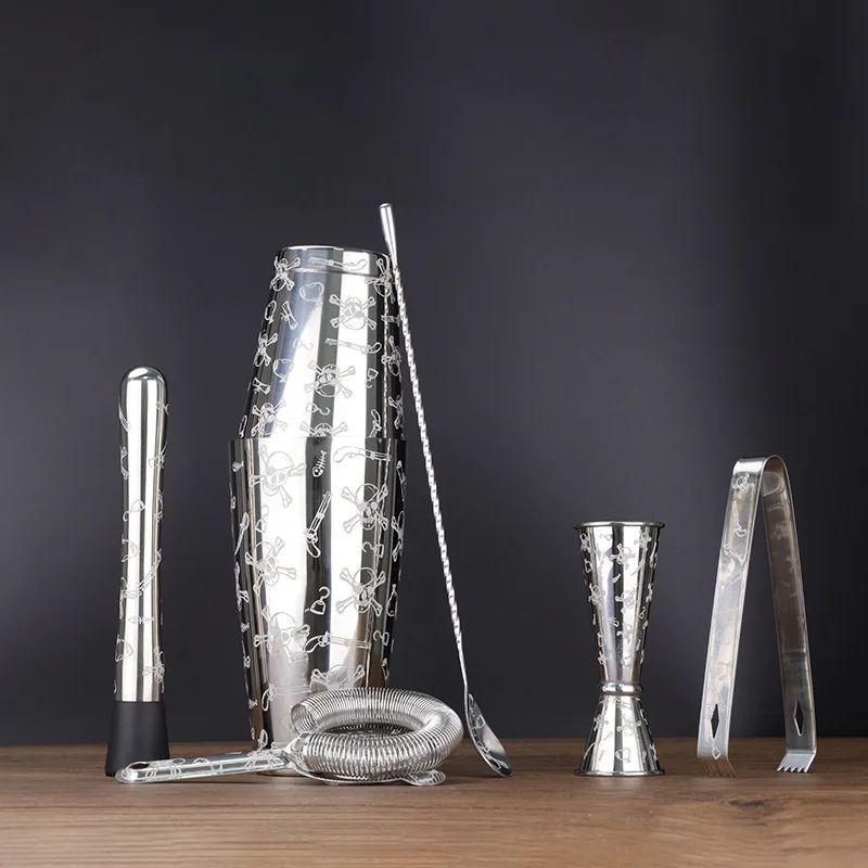 

Stainless steel etched pattern bartender, American shaker creative engraved pattern set