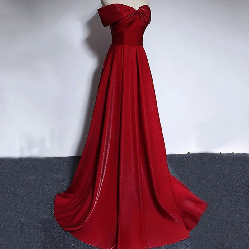 Vestido de noche personalizado, satén rojo vino brillante con hombros descubiertos, lazo con cordones, corte en A, largo hasta el suelo, vestido Formal de fiesta de talla grande para mujer