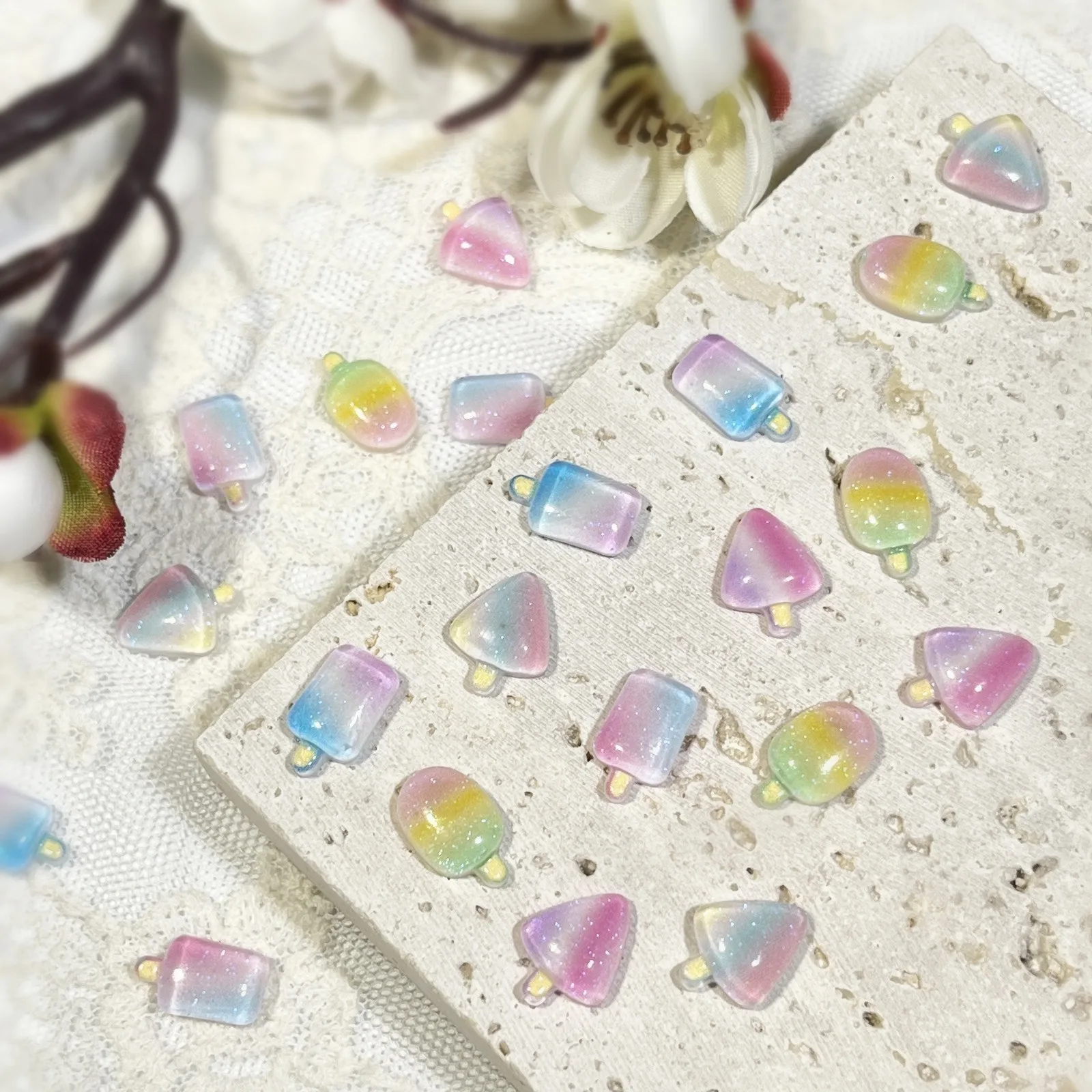 20pcs miniso luminous ice cream cartoon nail charms for diy nail making cute mini resin flatback nail art decoreation