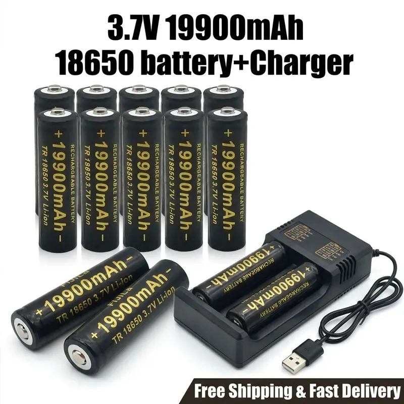 18650 Rechargeable Lithium Battery 3.7V 19900mAh 100% New Battery + 201 Charger For Flashlight Torch