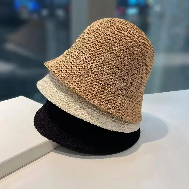 Spring and summer breathable Bucket Hat For Women 2022 fashion wave knitted fisherman hat Korean sunscreen basin cap black cap