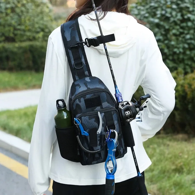 

20L Waterproof Nylon Fishing Tackle Backpack Crossbody Chest Pack with Rod Holder External Hanging Tear Resistant Outdoor Lure B
