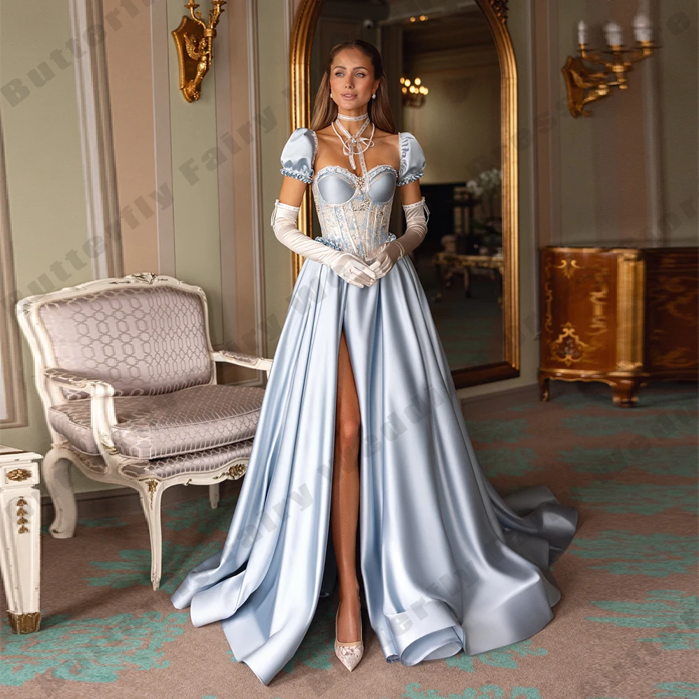 

2025 Gorgeous Women's Evening Gowns Satin Lace Decal Princess Ball Dresses Sexy Side High Fork Formal Party Customized Robe De