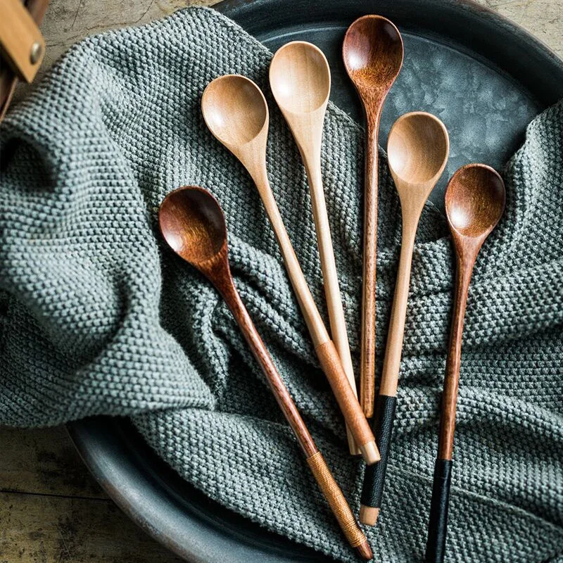 6Pcs Wooden Tea Spoon Long Coffee Spoons Small Teaspoon Set Wood Honey Dessert Spoon Coffee Drink Stirrer Teaspoons Tableware