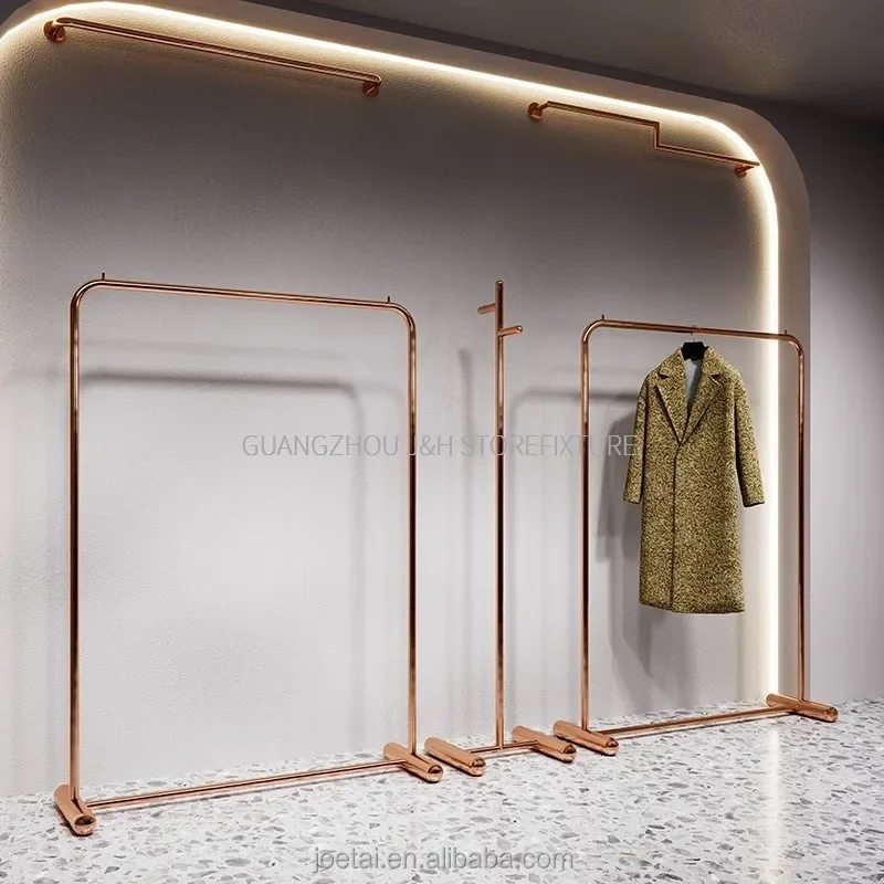 Rose Gold Industrial Pipe Coat Rack Stand Rolling garment Rack for Hanging Clothes Retail Display Free Standing Coat Rack