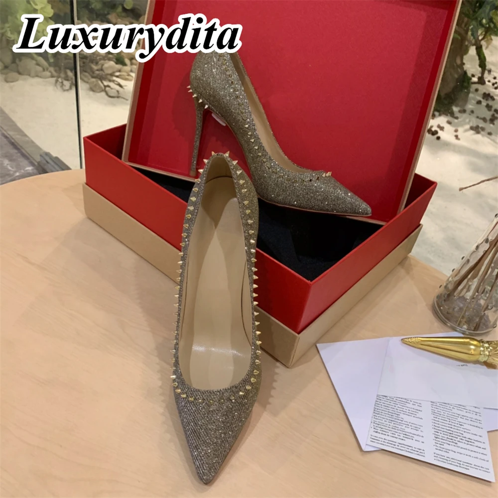 

LUXURYDITA дизайнерские женские туфли на высоком каблуке, туфли-лодочки на красном каблуке, Роскошные туфли для ужина, свадьбы, вечеринки, банкета H2182