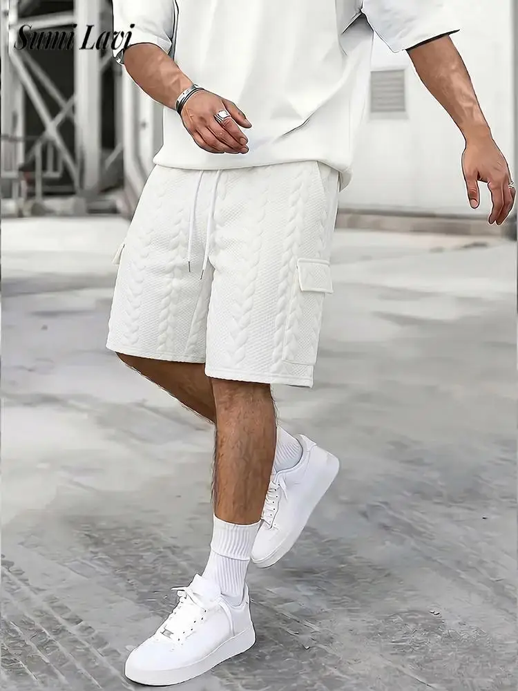 

Outdoor Casual Mens Jacquard Shorts Vintage Twist Textured Drawstring Shorts Spring Summer Fashion Men Solid Color Loose Shorts